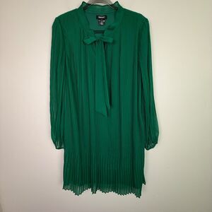 DKNY Women's Green Pleated Tie Neck Shift Dress Long Balloon Sleeves Size 16
